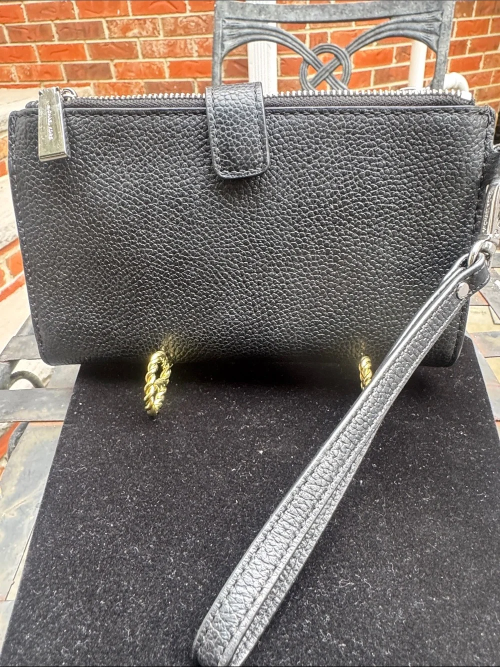 Michael Kors Black Pebbled Leather Zip Wristlet with Gold Logo